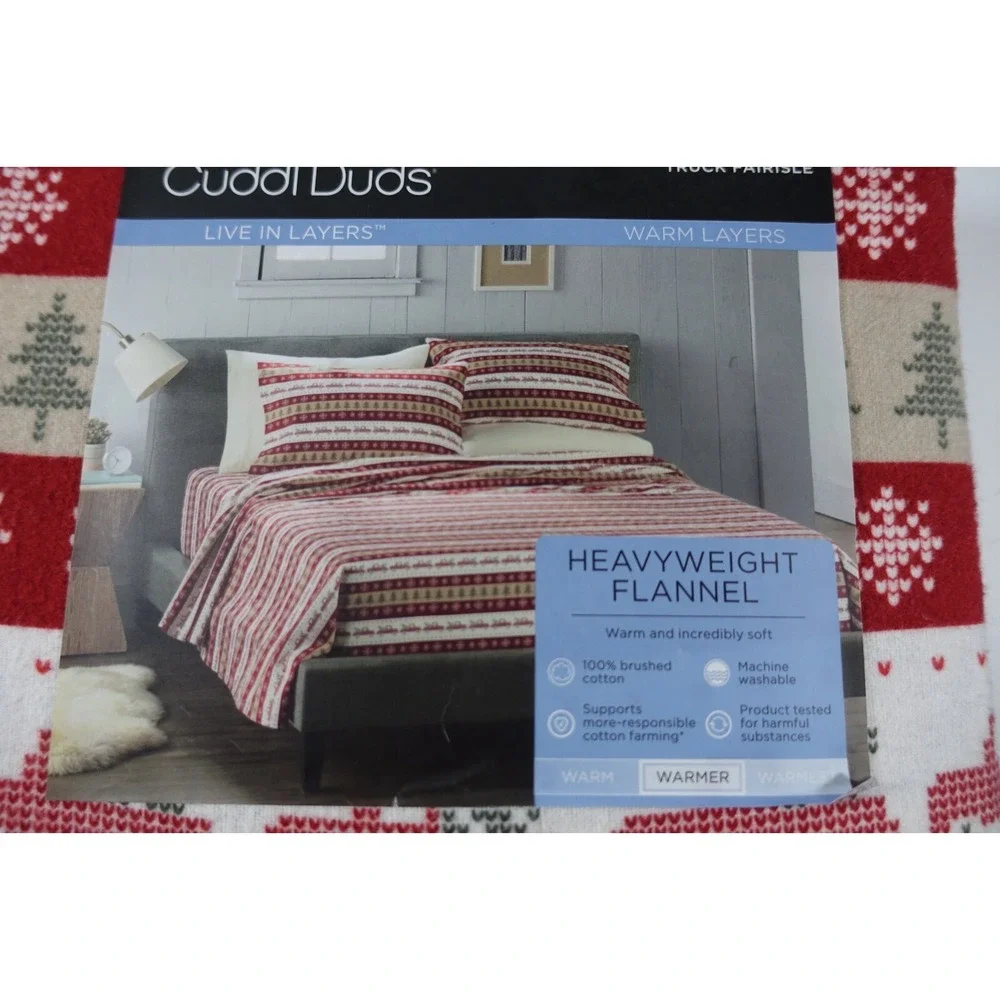 Cuddl Duds Full Sheet Set Heavyweight Flannel Truck Fairisle Red White New